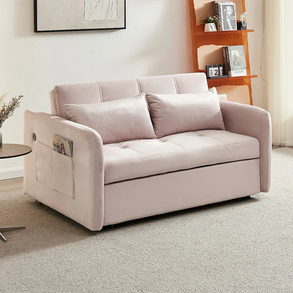 LIVARA 117P Convertible Velvet Sofa Bed, Adjustable Backrest, Built-in USB Charging Port, Twin Size Sleeper, Modern Small-Space Design - Pink