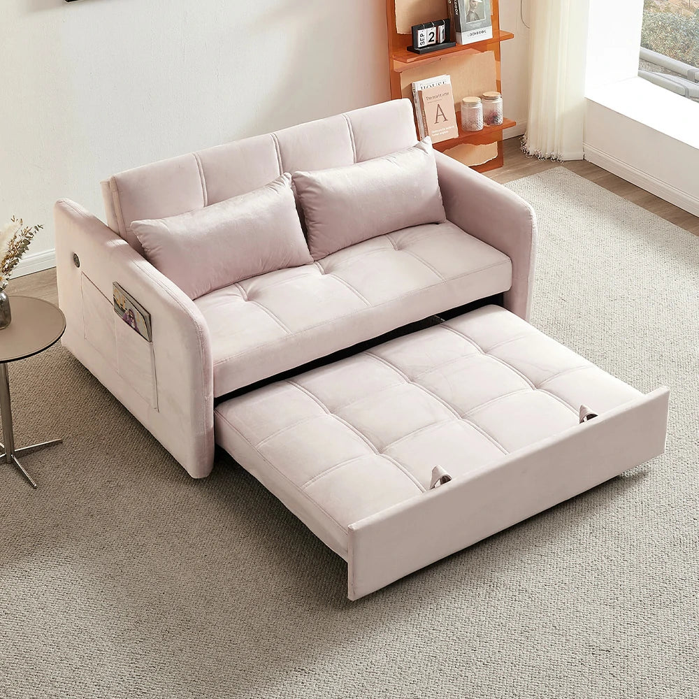 LIVARA 117P Convertible Velvet Sofa Bed, Adjustable Backrest, Built-in USB Charging Port, Twin Size Sleeper, Modern Small-Space Design - Pink