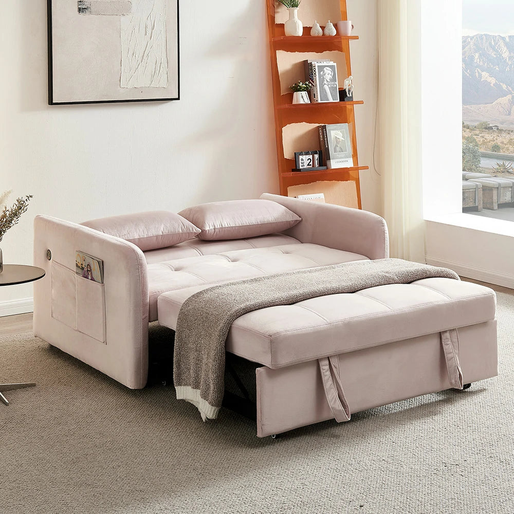 LIVARA 117P Convertible Velvet Sofa Bed, Adjustable Backrest, Built-in USB Charging Port, Twin Size Sleeper, Modern Small-Space Design - Pink