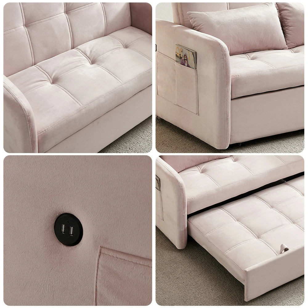 LIVARA 117P Convertible Velvet Sofa Bed, Adjustable Backrest, Built-in USB Charging Port, Twin Size Sleeper, Modern Small-Space Design - Pink