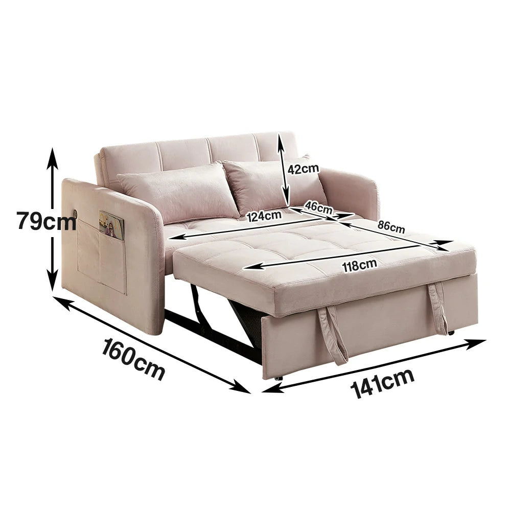 LIVARA 117P Convertible Velvet Sofa Bed, Adjustable Backrest, Built-in USB Charging Port, Twin Size Sleeper, Modern Small-Space Design - Pink