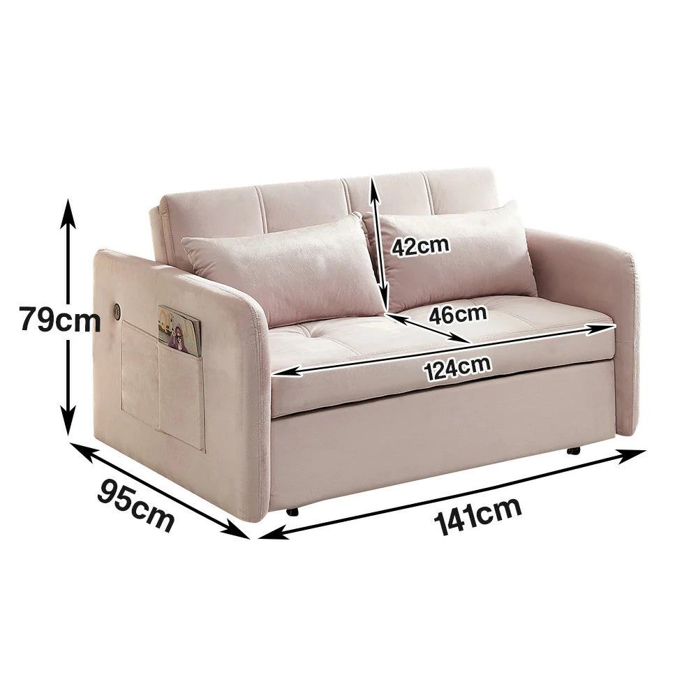 LIVARA 117P Convertible Velvet Sofa Bed, Adjustable Backrest, Built-in USB Charging Port, Twin Size Sleeper, Modern Small-Space Design - Pink