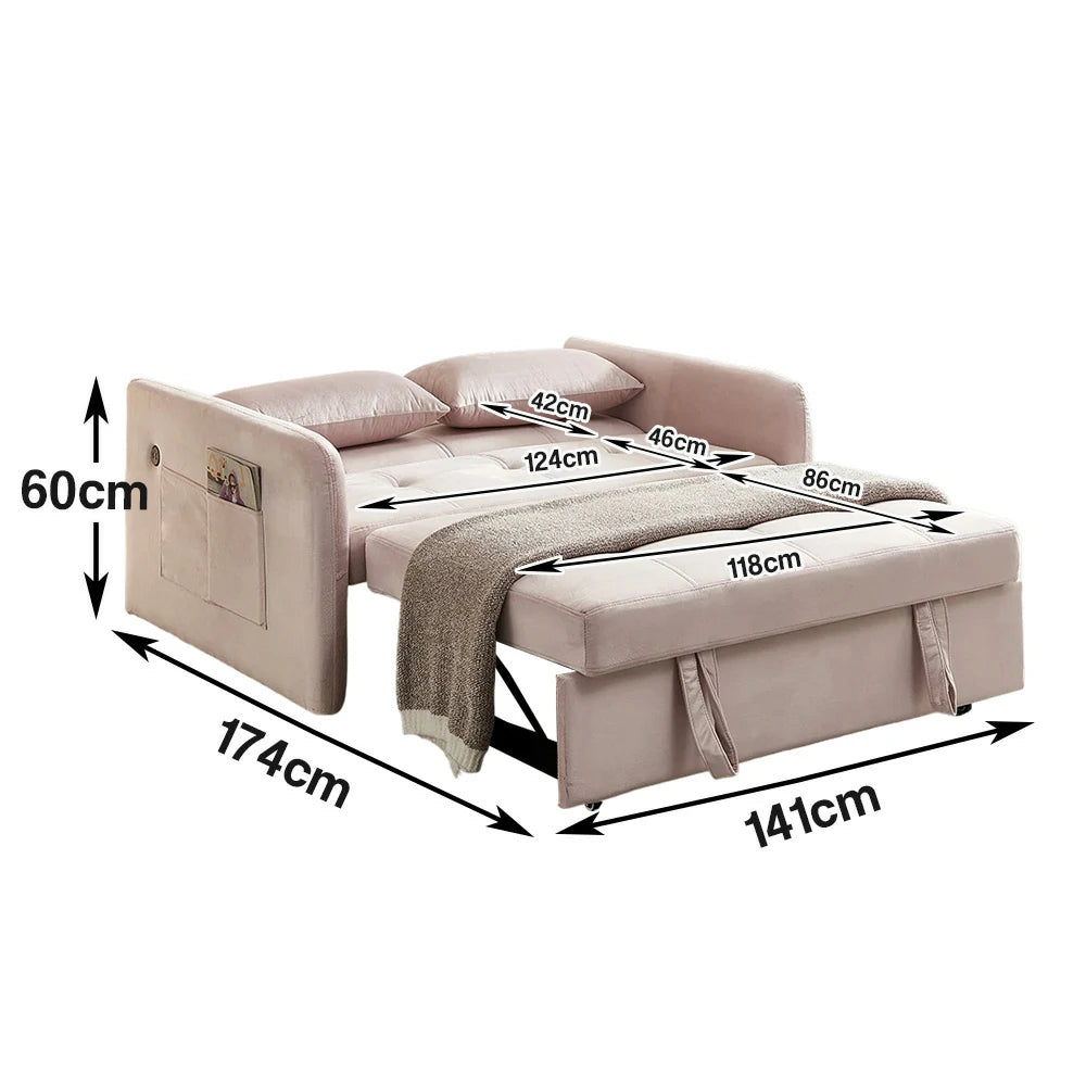 LIVARA 117P Convertible Velvet Sofa Bed, Adjustable Backrest, Built-in USB Charging Port, Twin Size Sleeper, Modern Small-Space Design - Pink