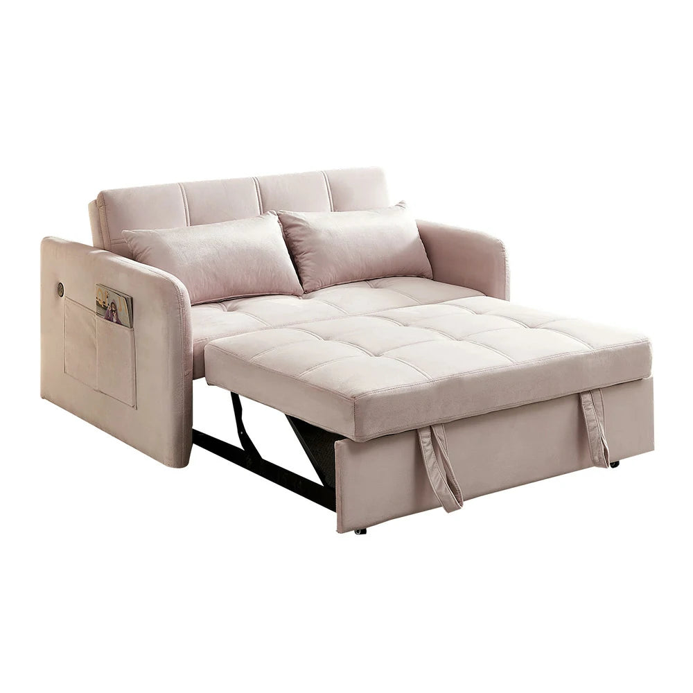LIVARA 117P Convertible Velvet Sofa Bed, Adjustable Backrest, Built-in USB Charging Port, Twin Size Sleeper, Modern Small-Space Design - Pink
