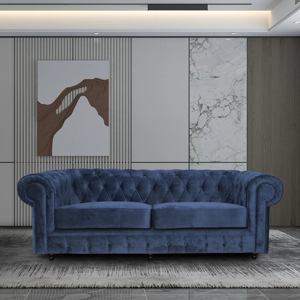 IVARA 164 Velvet 2-Seater Sofa 80cm Rolled Arms, Deep Button Tufting, Solid Timber Frame, Classic Chesterfield Design, Modern Elegance - Blue