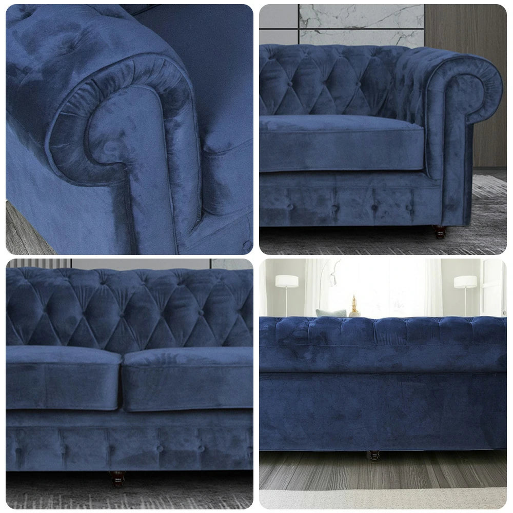 IVARA 164 Velvet 2-Seater Sofa 80cm Rolled Arms, Deep Button Tufting, Solid Timber Frame, Classic Chesterfield Design, Modern Elegance - Blue