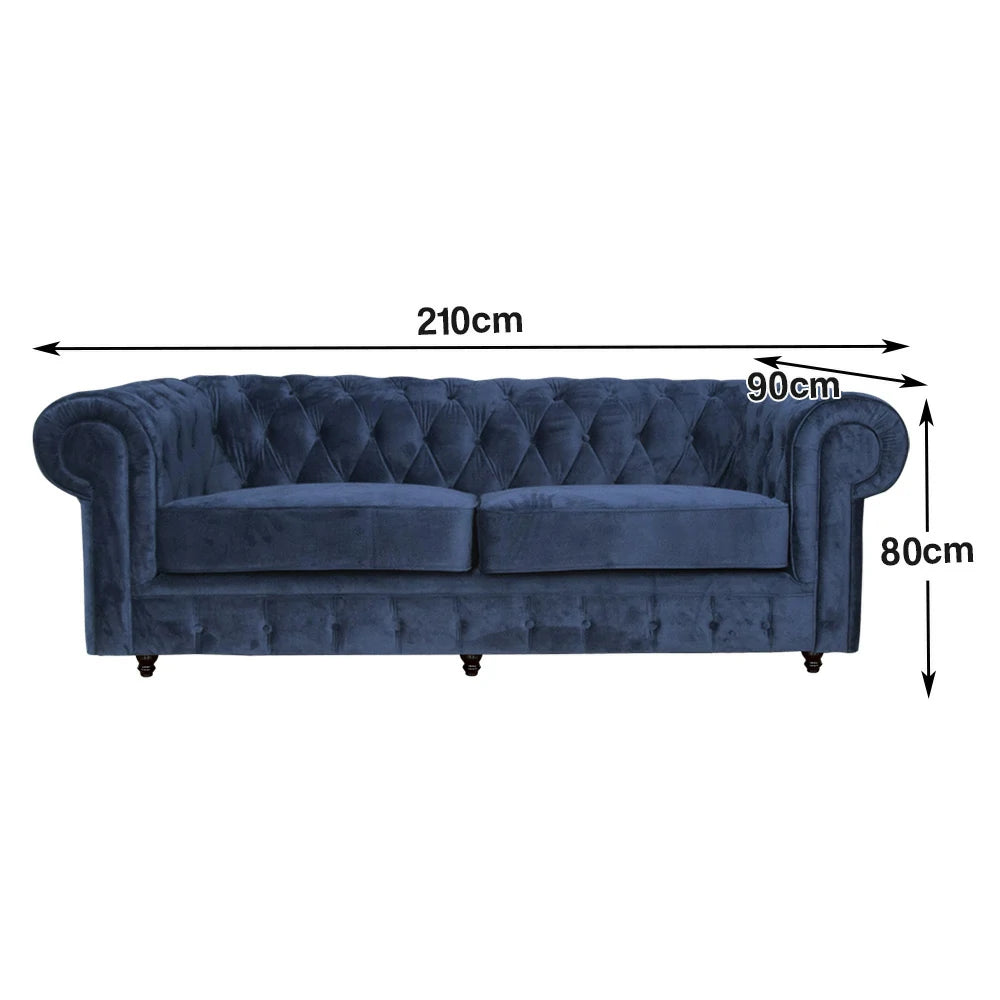 IVARA 164 Velvet 2-Seater Sofa 80cm Rolled Arms, Deep Button Tufting, Solid Timber Frame, Classic Chesterfield Design, Modern Elegance - Blue