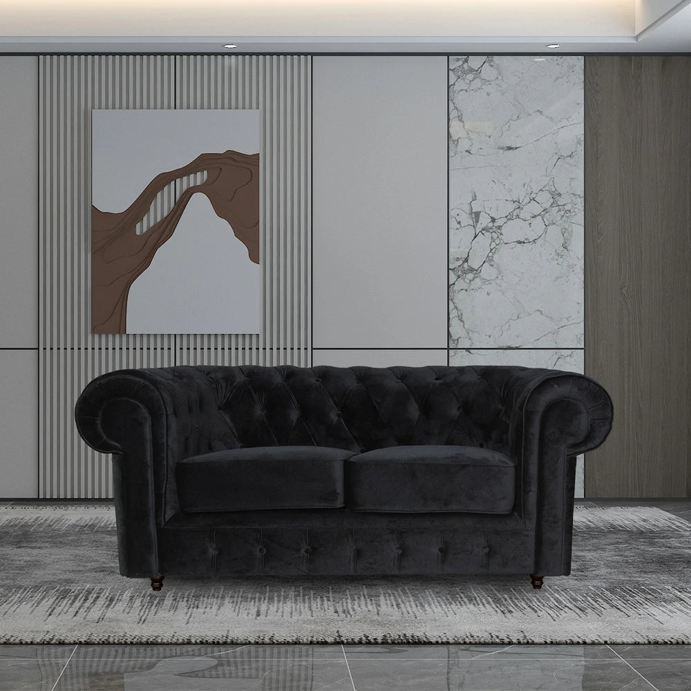 IVARA 181 Velvet 2-Seater Sofa 80cm Rolled Arms, Deep Button Tufting, Solid Timber Frame, Classic Chesterfield Design, Modern Elegance - Black