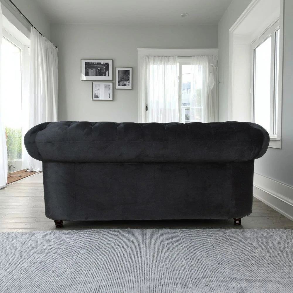 IVARA 181 Velvet 2-Seater Sofa 80cm Rolled Arms, Deep Button Tufting, Solid Timber Frame, Classic Chesterfield Design, Modern Elegance - Black