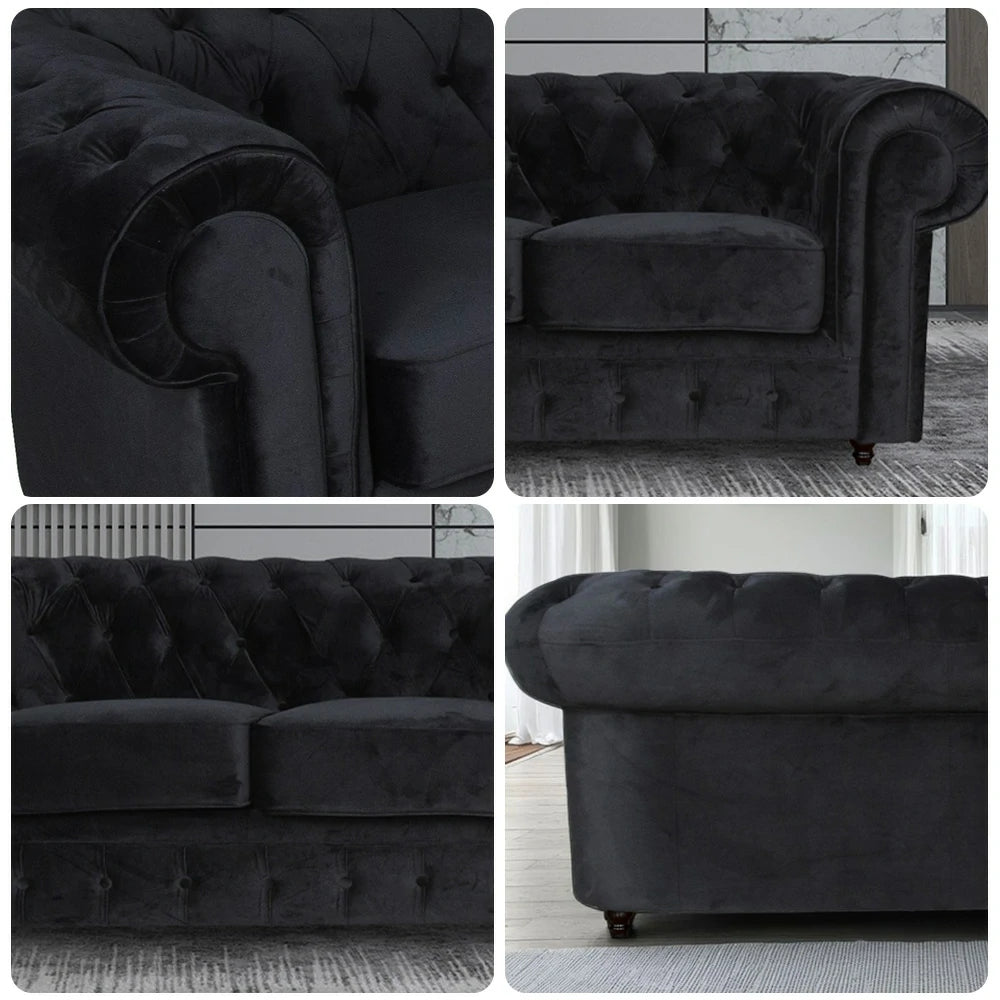 IVARA 181 Velvet 2-Seater Sofa 80cm Rolled Arms, Deep Button Tufting, Solid Timber Frame, Classic Chesterfield Design, Modern Elegance - Black