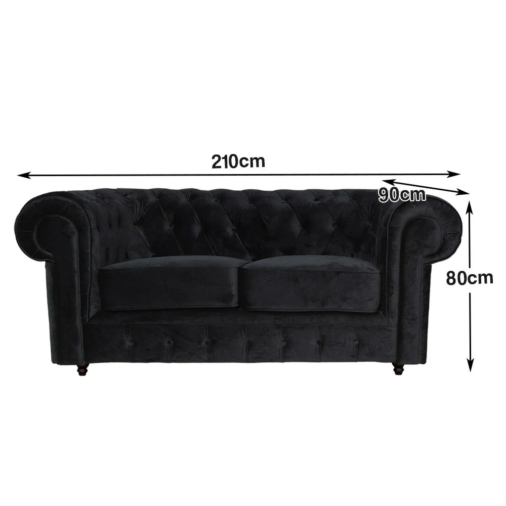 IVARA 181 Velvet 2-Seater Sofa 80cm Rolled Arms, Deep Button Tufting, Solid Timber Frame, Classic Chesterfield Design, Modern Elegance - Black
