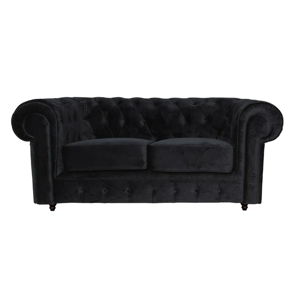 IVARA 181 Velvet 2-Seater Sofa 80cm Rolled Arms, Deep Button Tufting, Solid Timber Frame, Classic Chesterfield Design, Modern Elegance - Black