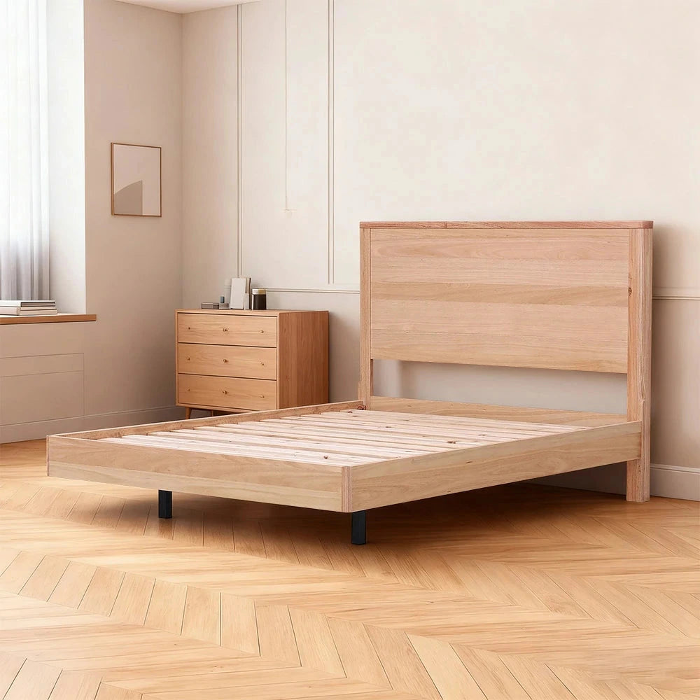 LIVARA 421 Queen Bed Frame, Tasmanian Oak, Rounded Corners, Solid Wood Construction, Minimalist Scandinavian Style, Natural Finish