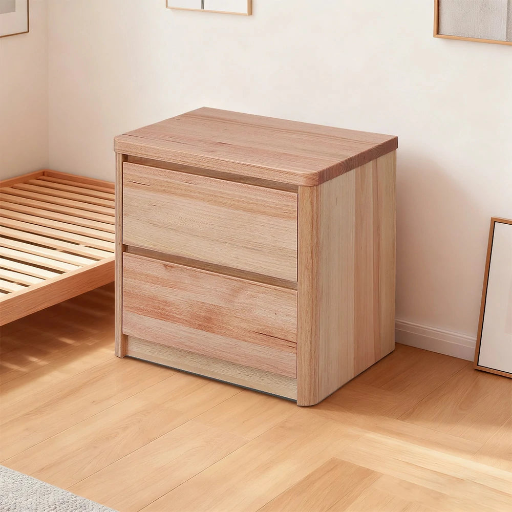 LIVARA 422 Bedside Table, Tasmanian Oak, Handle-Free Design, Two Drawers, Rounded Edges, Minimalist Scandinavian Style, Natural Finish