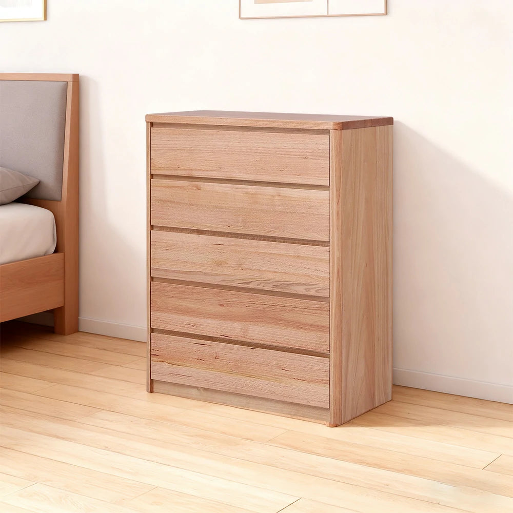 LIVARA 423 Tallboy Dresser, Tasmanian Oak, Five Drawers, Handle-Free Design, Rounded Edges, Minimalist Scandinavian Style, Natural Finish