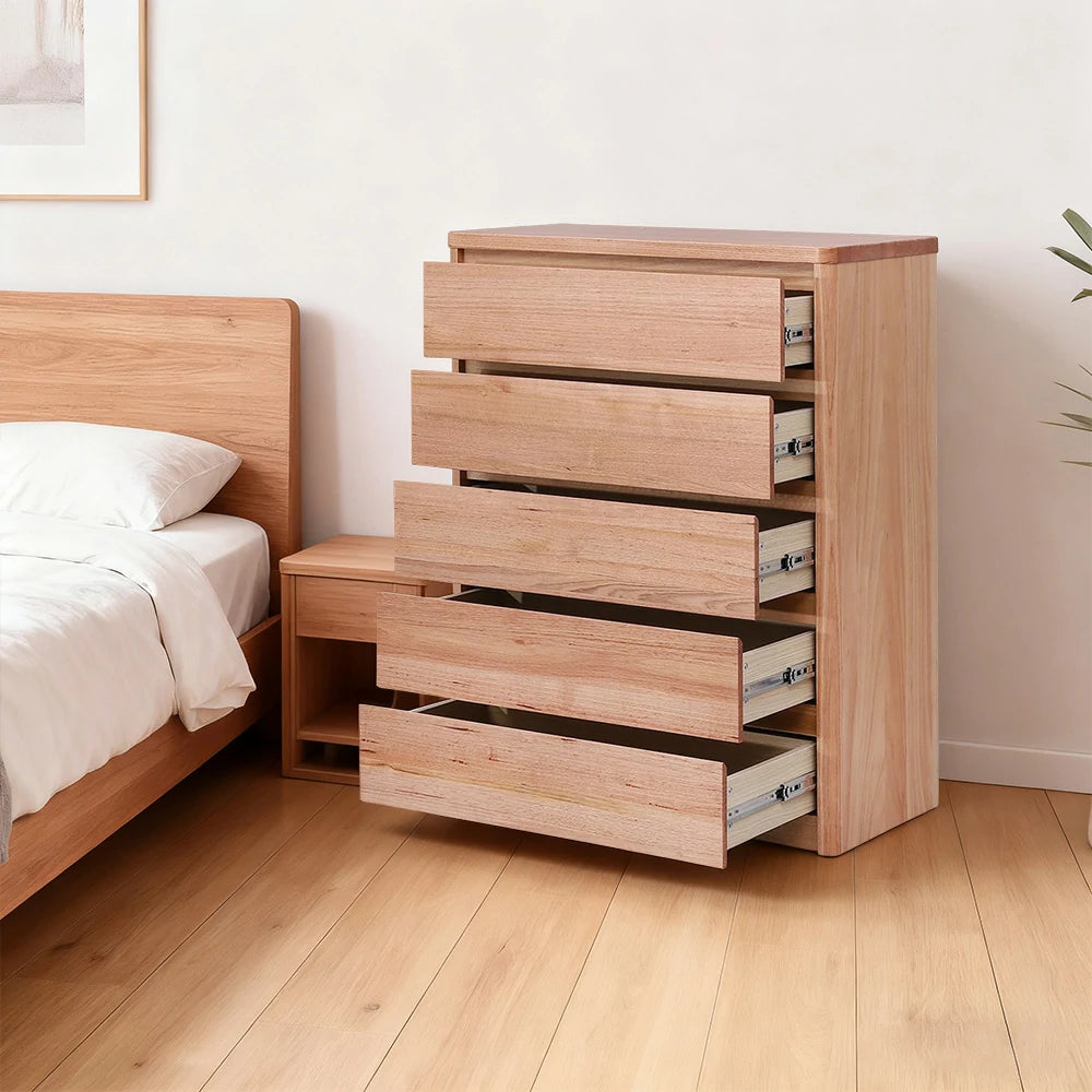 LIVARA 423 Tallboy in Tasmanian Oak with Five Drawers, Handle-Free Design, Rounded Edges and Natural Finish
