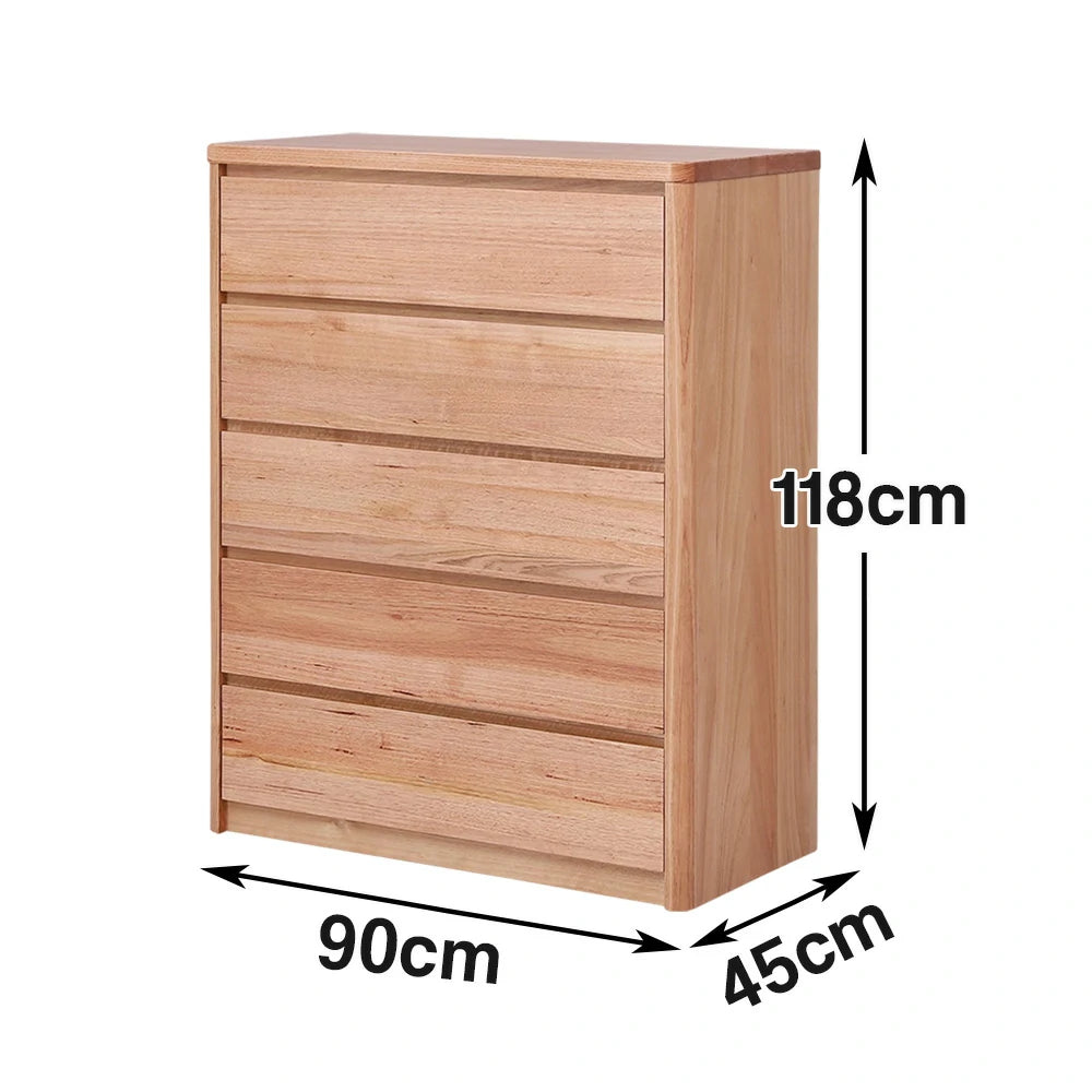 LIVARA 423 Tallboy in Tasmanian Oak with Five Drawers, Handle-Free Design, Rounded Edges and Natural Finish