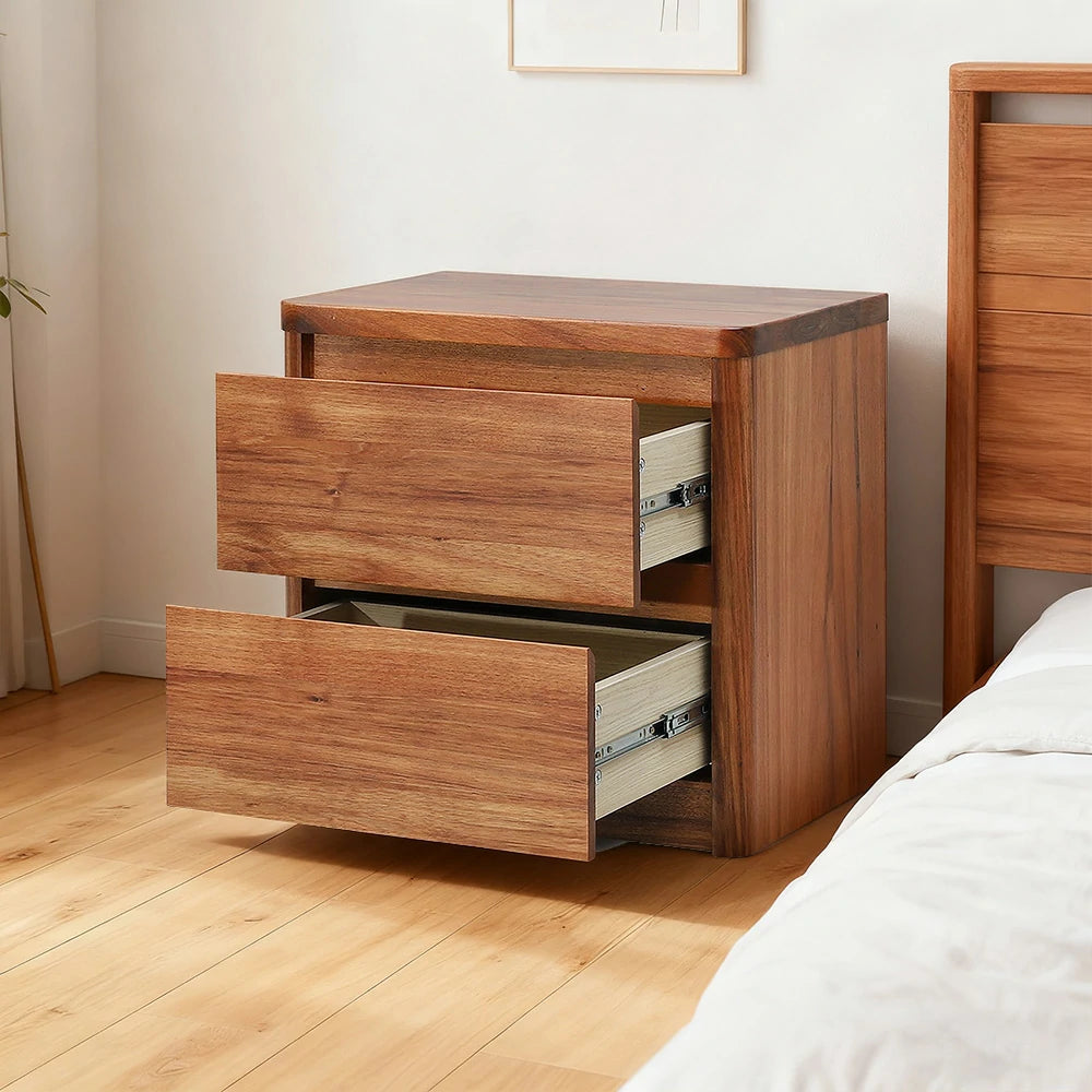 LIVARA 426 Bedside Table, Solid Blackwood, Two Drawers, Rounded Edges, Smooth Metal Runners, Minimalist Scandinavian Style, Natural Finish