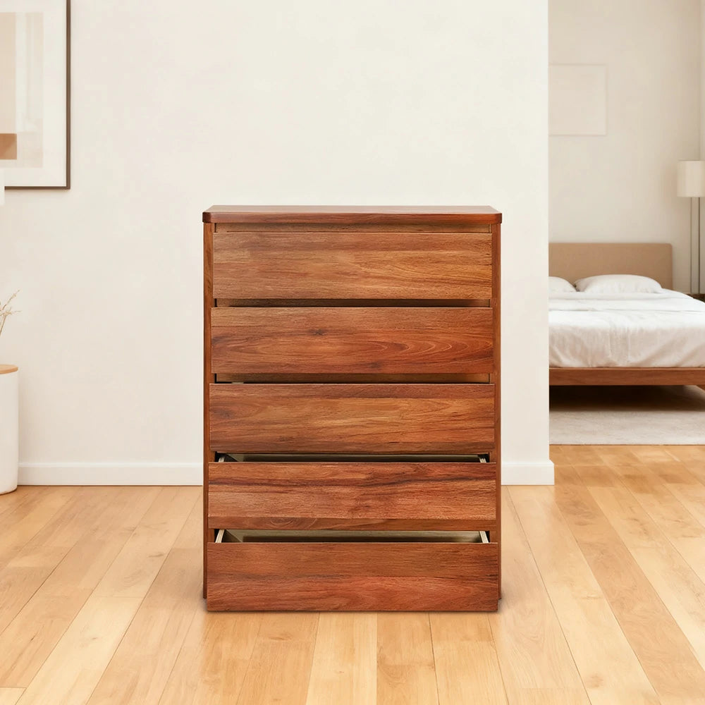 LIVARA 427 Tallboy Dresser, Solid Blackwood, Five Drawers, Rounded Edges, Metal Runners, Minimalist Scandinavian Style, Natural Finish