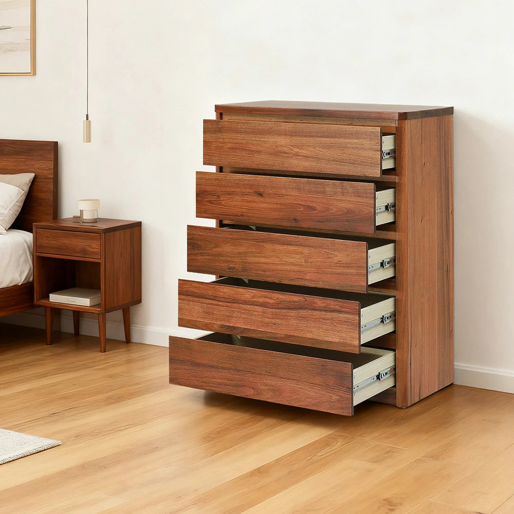 LIVARA 427 Tallboy in Solid Blackwood with Five Drawers, Rounded Edges, Metal Runners and Natural Finish