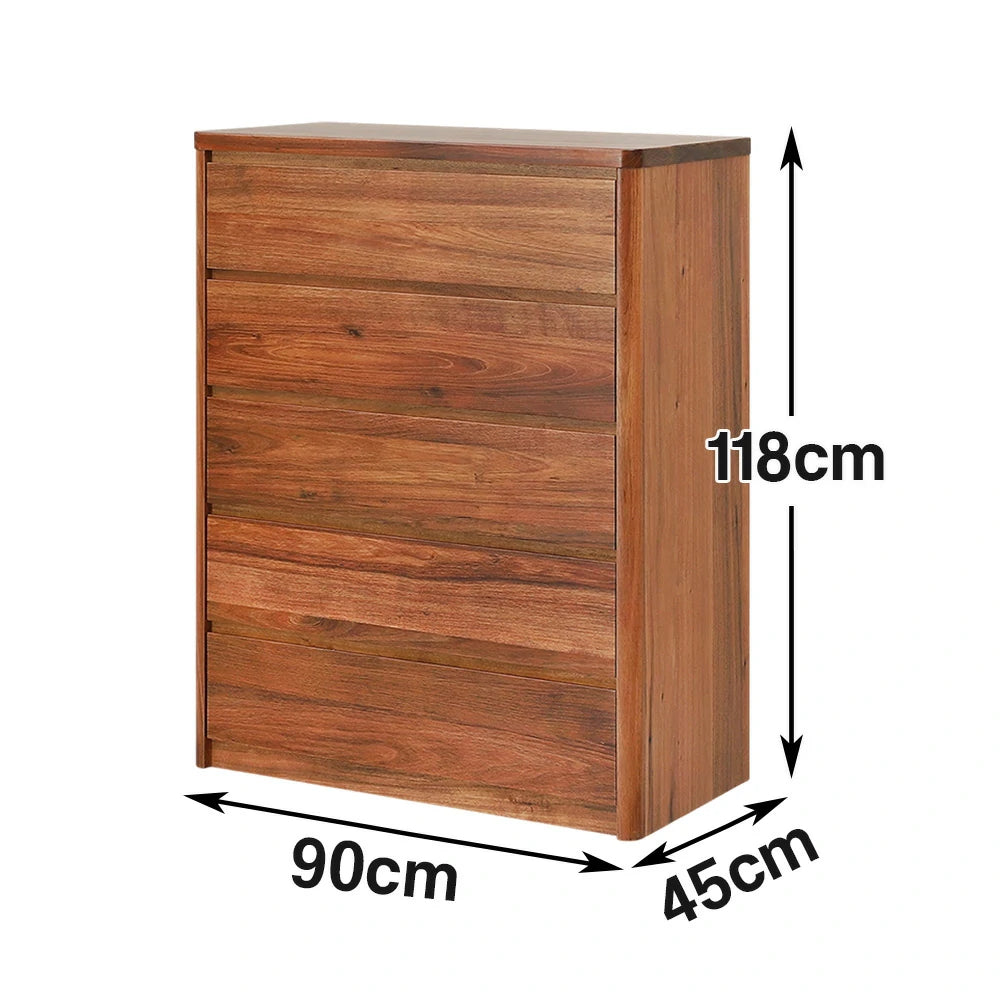 LIVARA 427 Tallboy in Solid Blackwood with Five Drawers, Rounded Edges, Metal Runners and Natural Finish