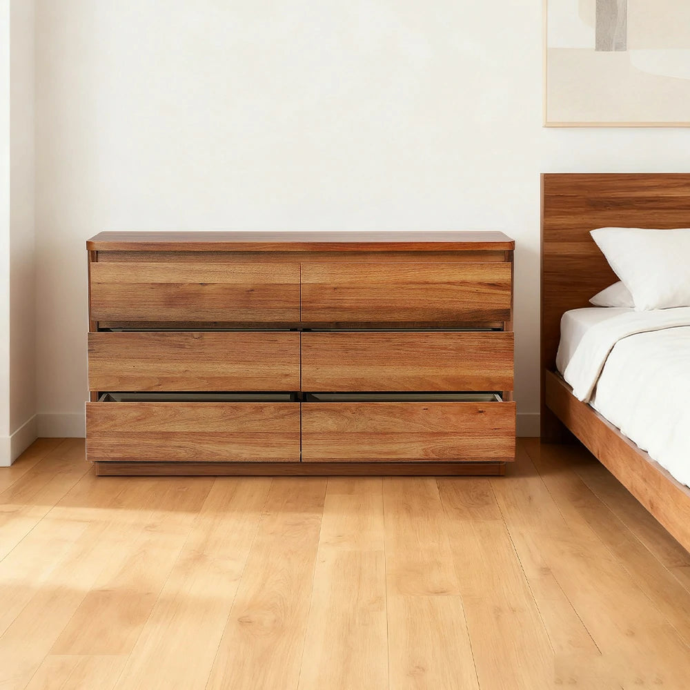 LIVARA 428 Dresser, Solid Blackwood, Six Drawers, Metal Runners, Minimalist Scandinavian Style, Rounded Edges, Natural Finish