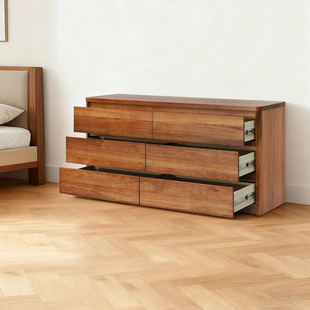 LIVARA 428 Dresser, Solid Blackwood, Six Drawers, Metal Runners, Minimalist Scandinavian Style, Rounded Edges, Natural Finish
