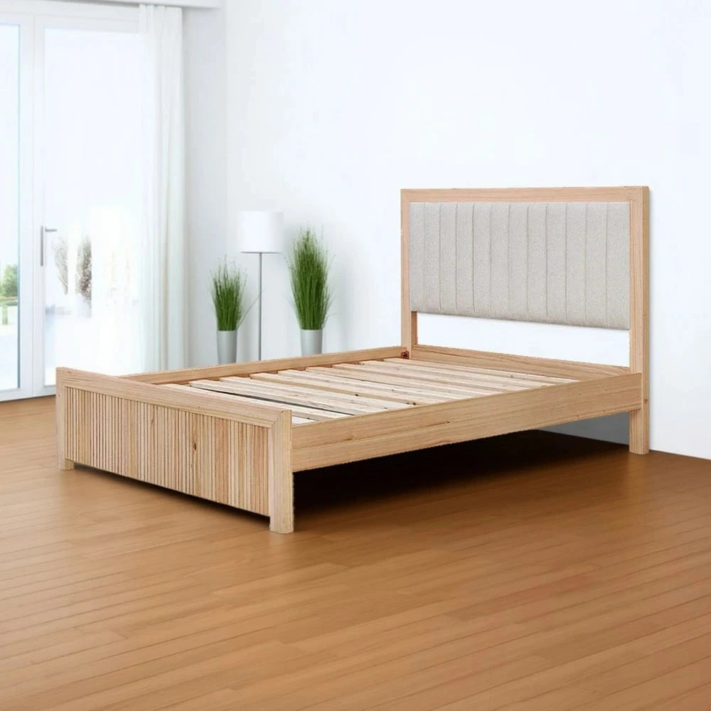 LIVARA 429 Queen Bed Frame Solid & Veneer Ash Wood with Upholstered Headboard Vertical Slats Minimalist Scandinavian Style Natural Finish