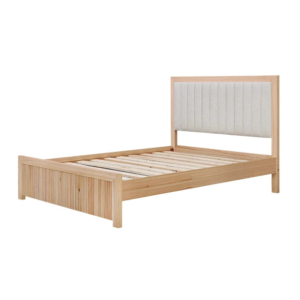 LIVARA 429 Queen Bed Frame Solid & Veneer Ash Wood with Upholstered Headboard Vertical Slats Minimalist Scandinavian Style Natural Finish
