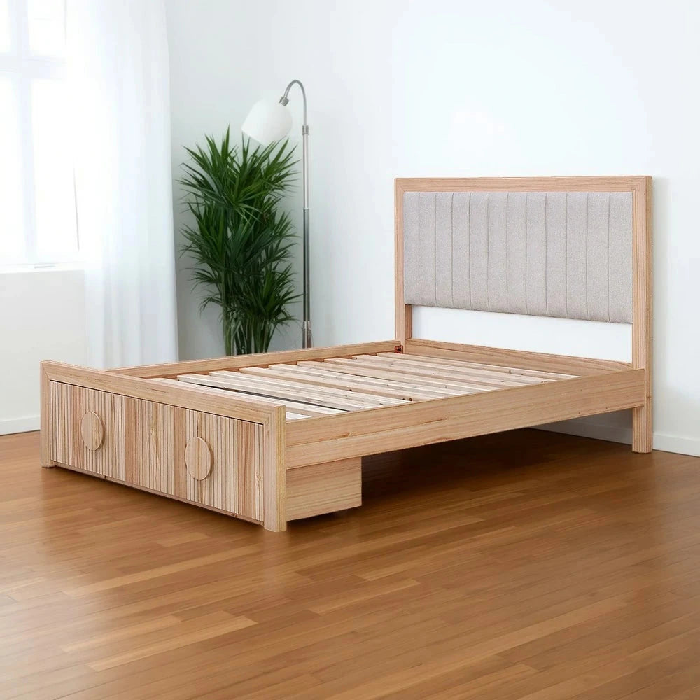 LIVARA 430 Queen Bed Frame Solid & Veneer Ash Wood with Upholstered Headboard and Under Bed Drawers Minimalist Scandinavian Style Natural Finish