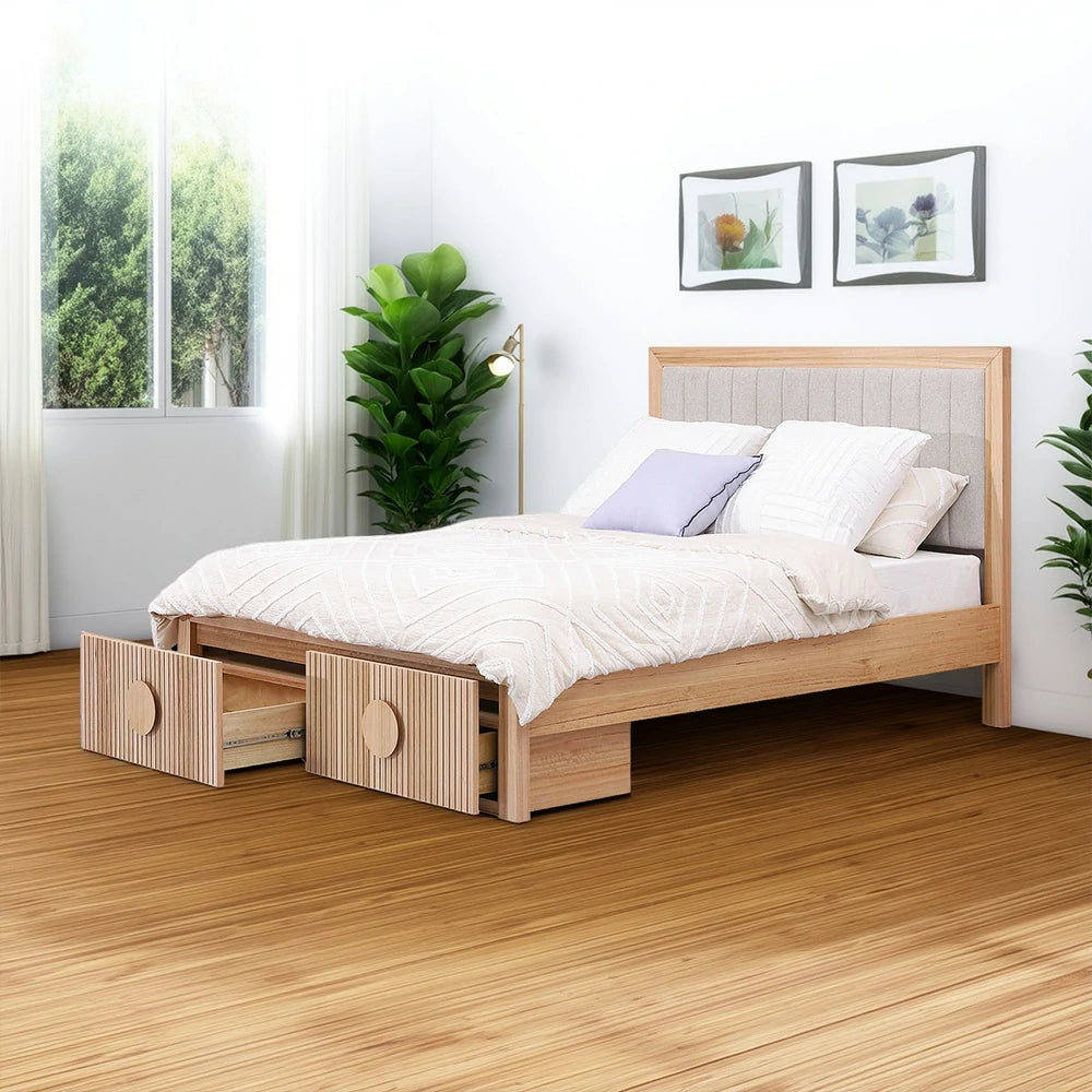 LIVARA 430 Queen Bed Frame Solid & Veneer Ash Wood with Upholstered Headboard and Under Bed Drawers Minimalist Scandinavian Style Natural Finish