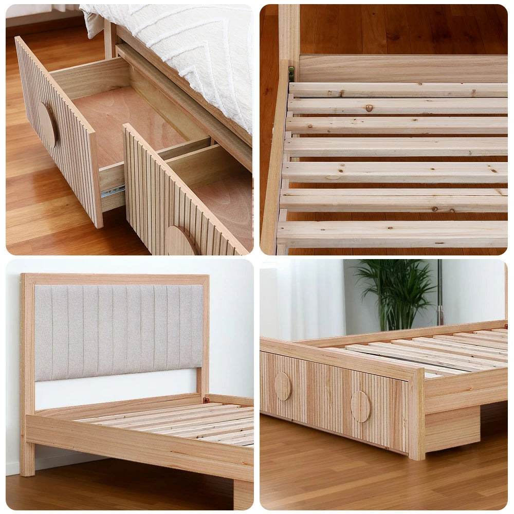 LIVARA 430 Queen Bed Frame Solid & Veneer Ash Wood with Upholstered Headboard and Under Bed Drawers Minimalist Scandinavian Style Natural Finish
