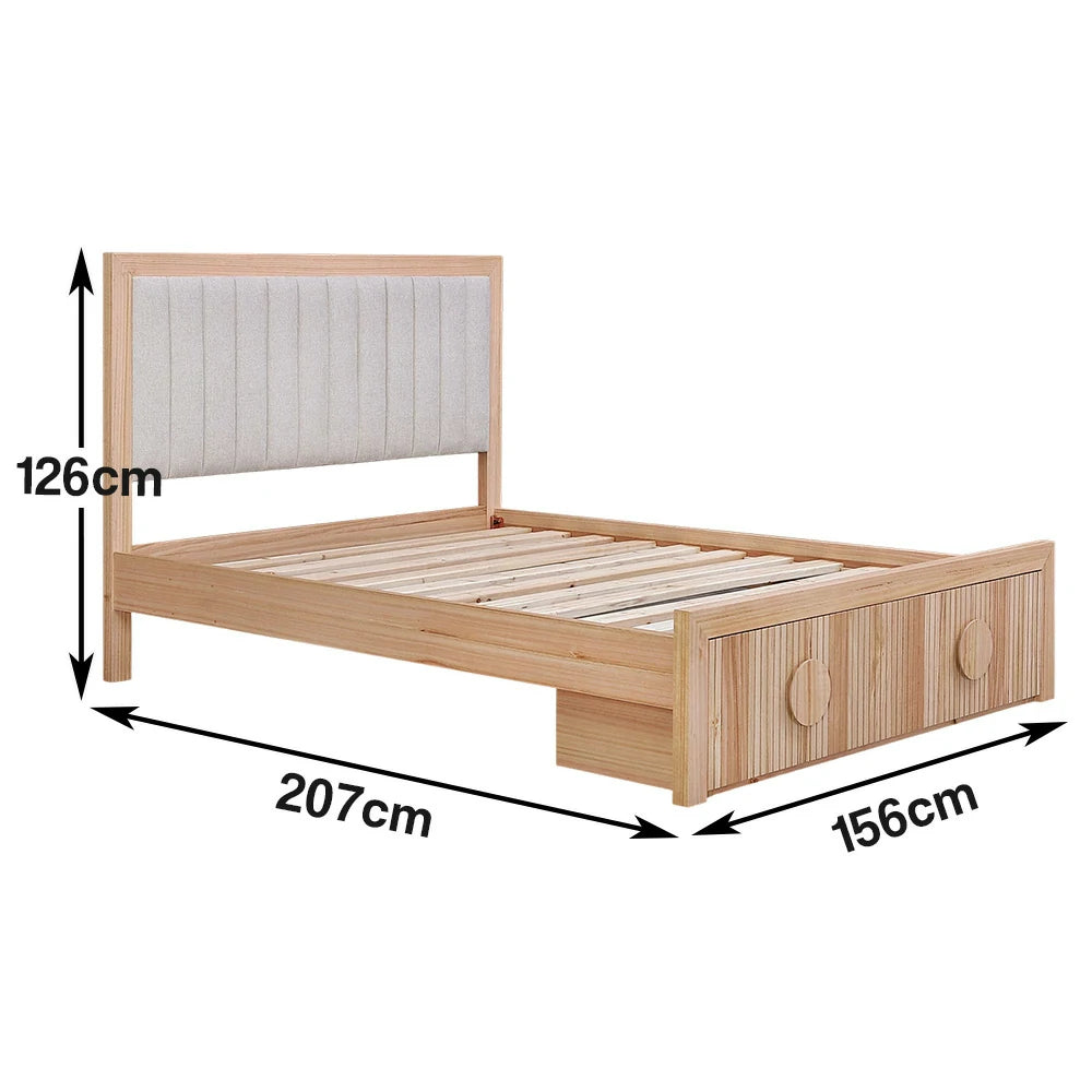 LIVARA 430 Queen Bed Frame Solid & Veneer Ash Wood with Upholstered Headboard and Under Bed Drawers Minimalist Scandinavian Style Natural Finish
