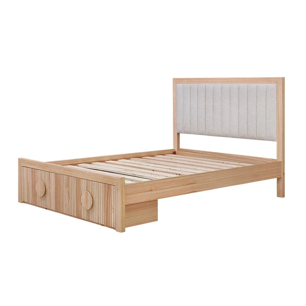 LIVARA 430 Queen Bed Frame Solid & Veneer Ash Wood with Upholstered Headboard and Under Bed Drawers Minimalist Scandinavian Style Natural Finish