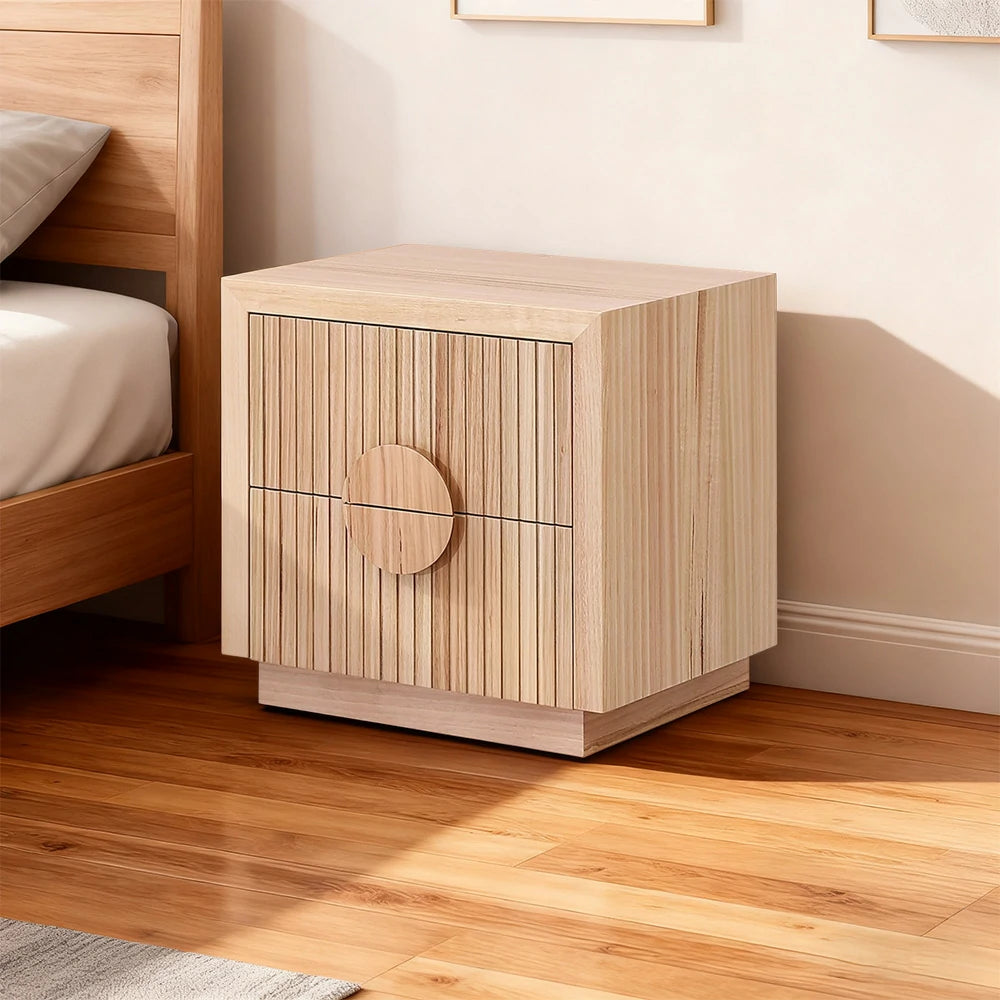 LIVARA 431 Bedside Table Solid & Veneer Ash Wood with Circular Handles Vertical Slats Two Drawers Modern Minimalist Scandinavian Style Natural Finish