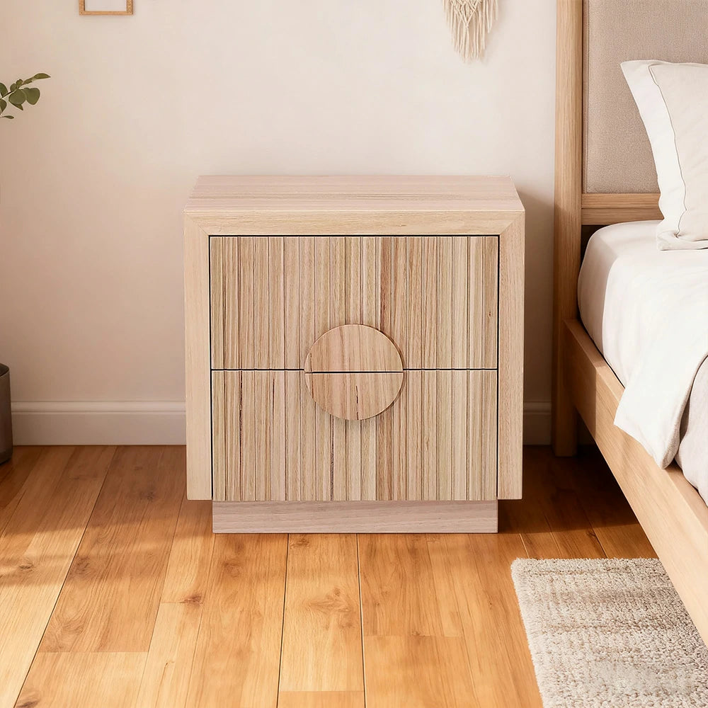 LIVARA 431 Bedside Table Solid & Veneer Ash Wood with Circular Handles Vertical Slats Two Drawers Modern Minimalist Scandinavian Style Natural Finish
