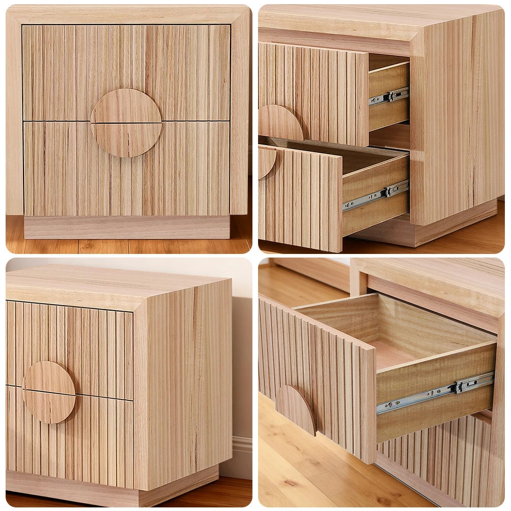 LIVARA 431 Bedside Table Solid & Veneer Ash Wood with Circular Handles Vertical Slats Two Drawers Modern Minimalist Scandinavian Style Natural Finish