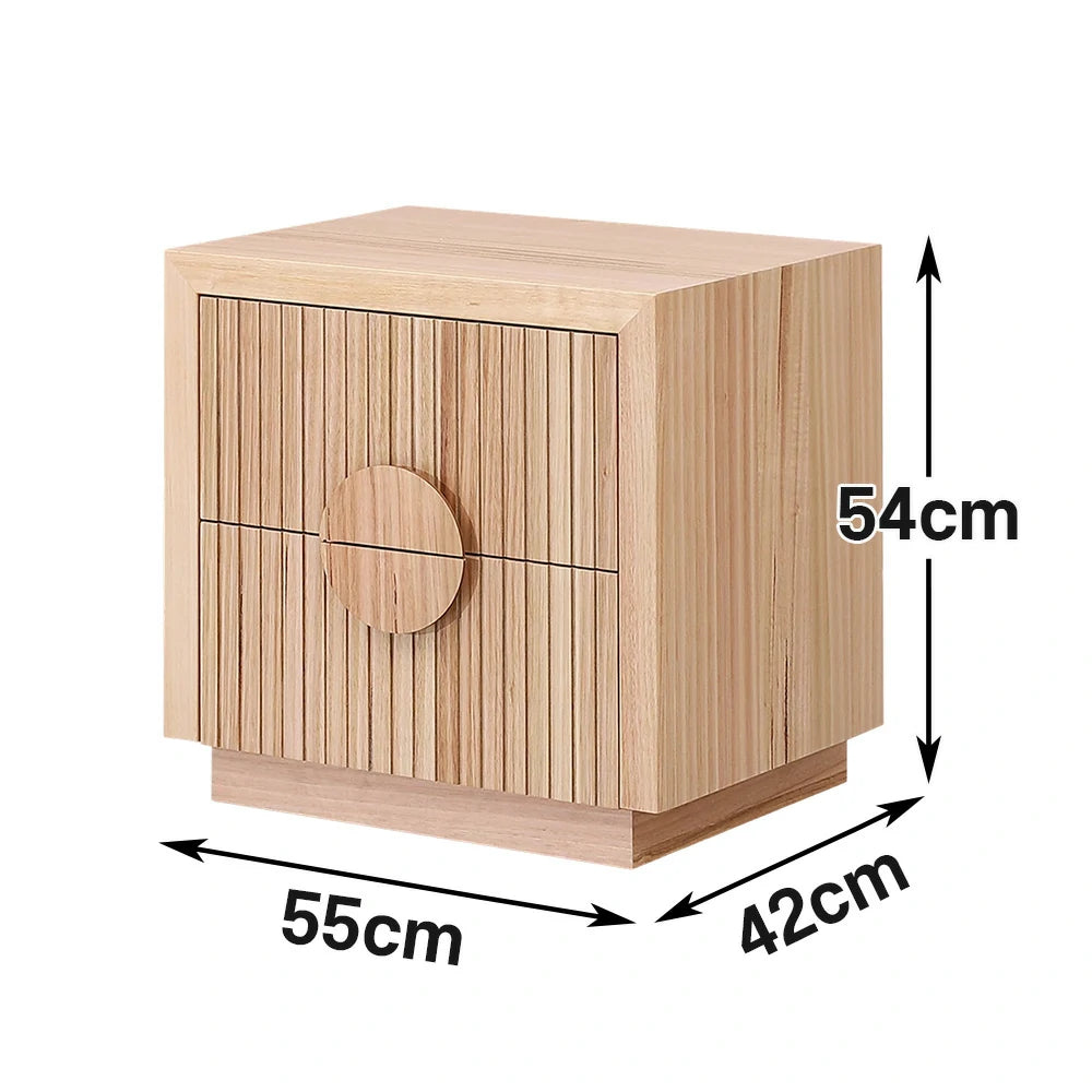 LIVARA 431 Bedside Table Solid & Veneer Ash Wood with Circular Handles Vertical Slats Two Drawers Modern Minimalist Scandinavian Style Natural Finish
