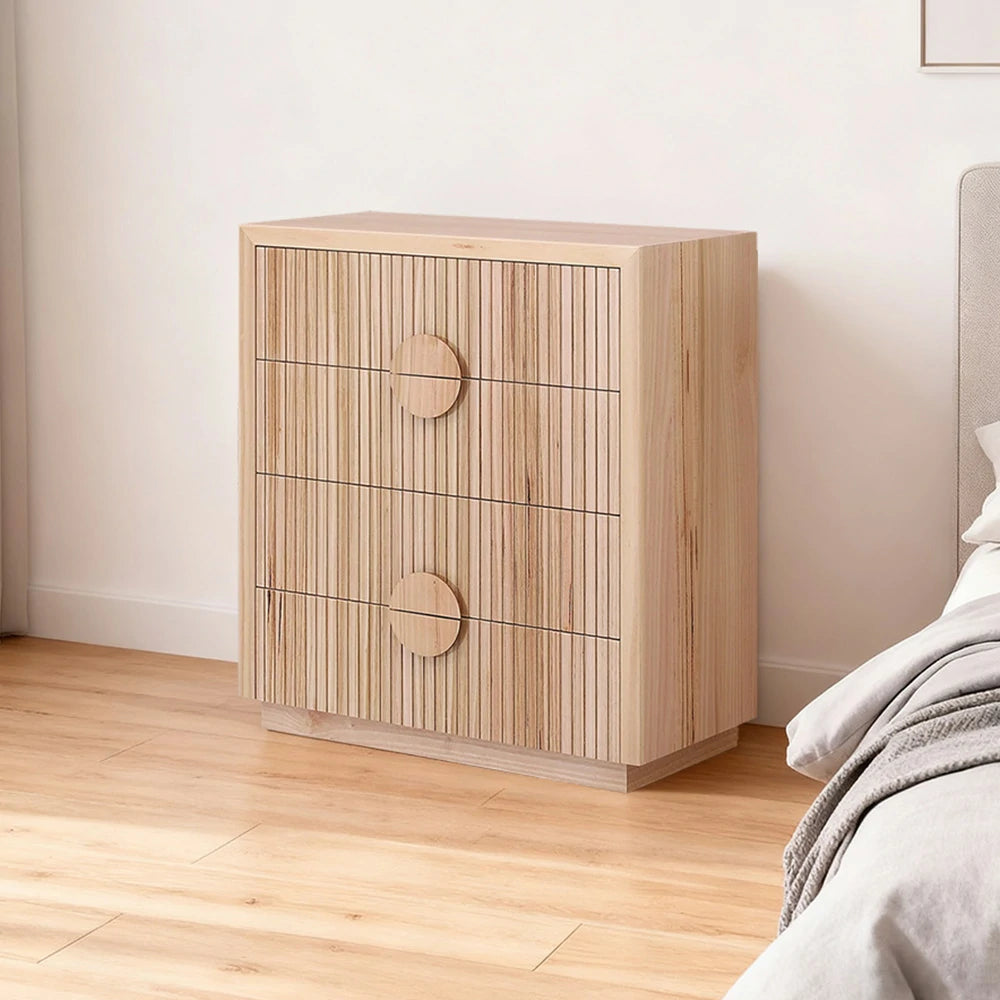 LIVARA 432 Tallboy Dresser, Solid & Veneer Ash Wood, Circular Handles, Vertical Slats, Four Drawers, Modern Scandinavian Style, Natural Finish