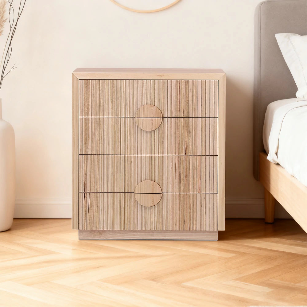 LIVARA 432 Tallboy with Solid and Veneer Ash Wood, Circular Handles, Vertical Slats, Four Drawers and Natural Finish