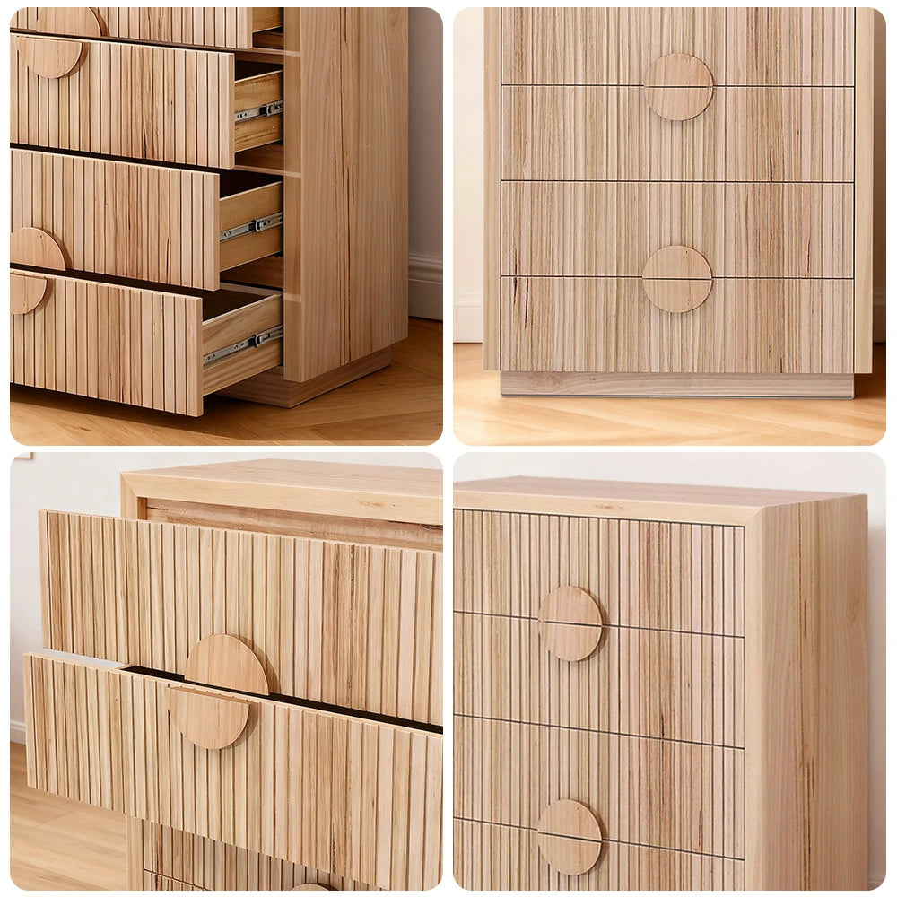 LIVARA 432 Tallboy with Solid and Veneer Ash Wood, Circular Handles, Vertical Slats, Four Drawers and Natural Finish