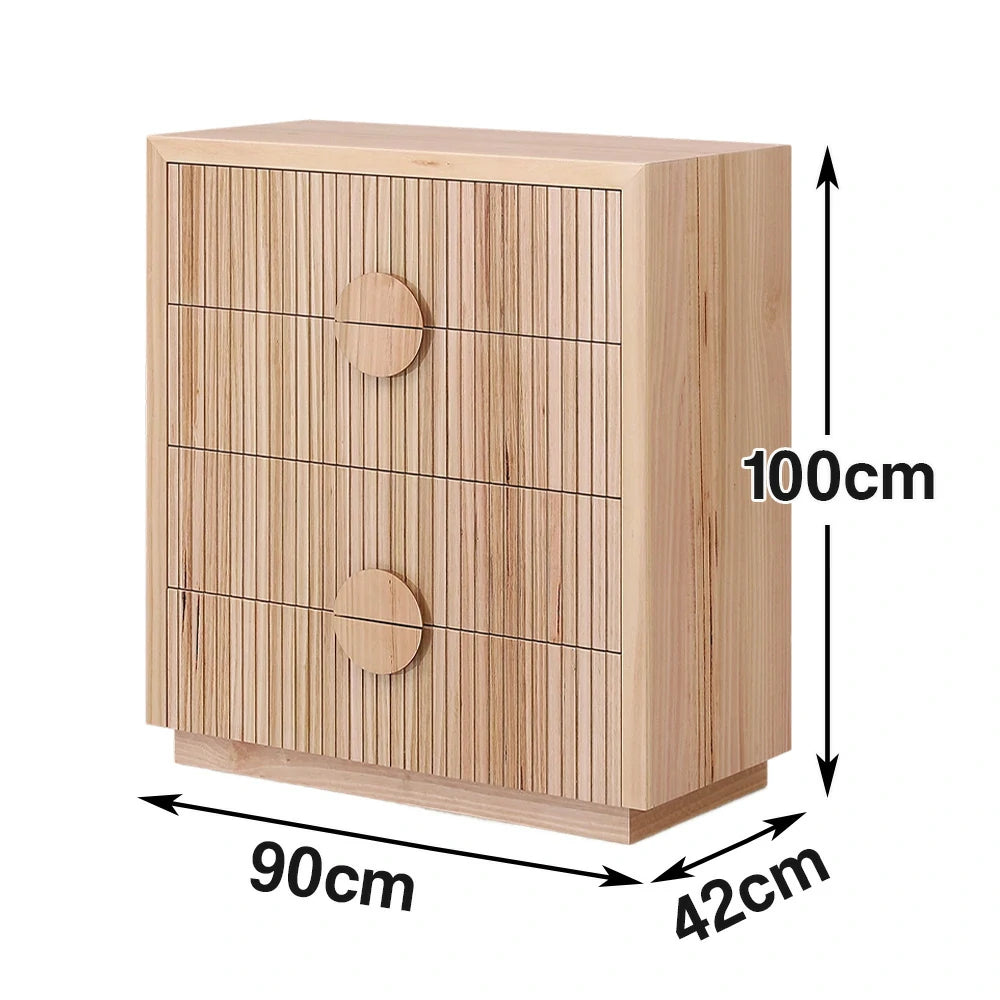 LIVARA 432 Tallboy with Solid and Veneer Ash Wood, Circular Handles, Vertical Slats, Four Drawers and Natural Finish