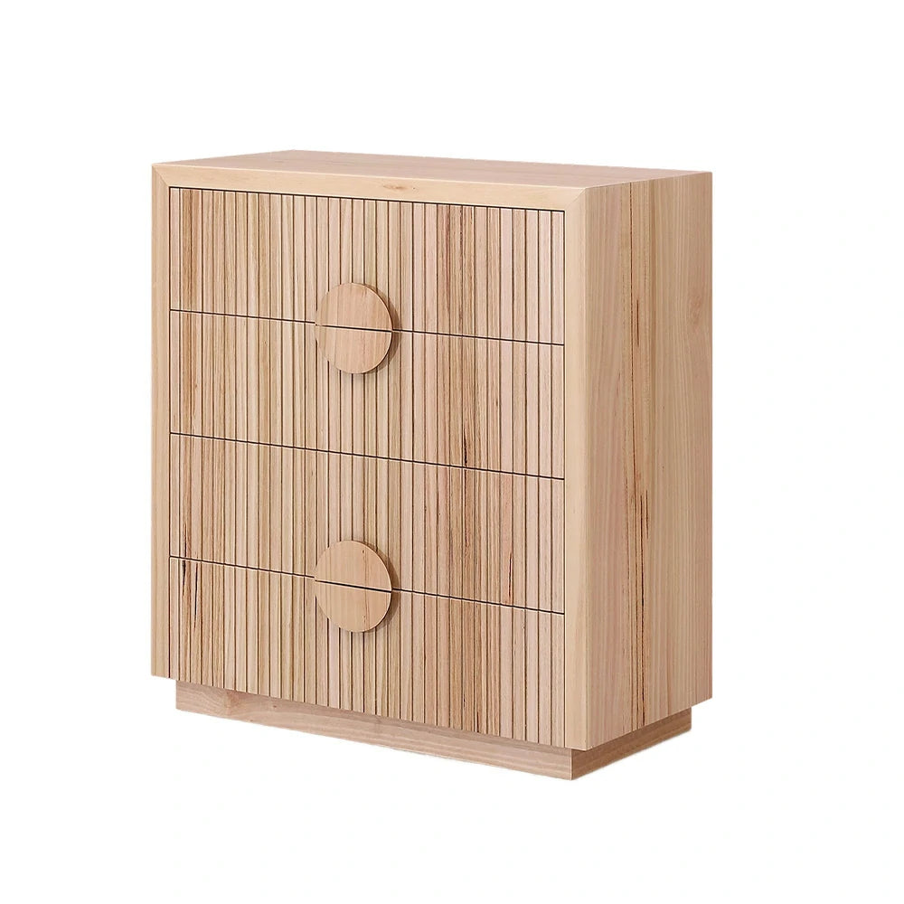 LIVARA 432 Tallboy Dresser, Solid & Veneer Ash Wood, Circular Handles, Vertical Slats, Four Drawers, Modern Scandinavian Style, Natural Finish