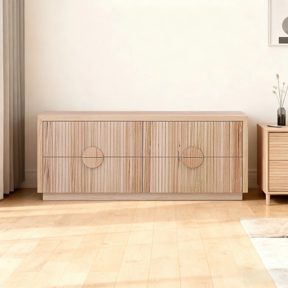 LIVARA 433 Chest of Drawers, Solid & Veneer Ash Wood, Circular Handles, Four Drawers, Modern Scandinavian Style, Natural Finish