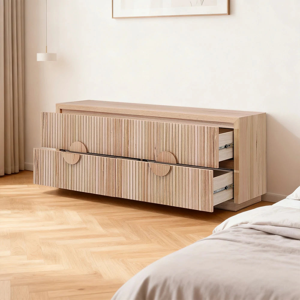 LIVARA 433 Chest of Drawers, Solid & Veneer Ash Wood, Circular Handles, Four Drawers, Modern Scandinavian Style, Natural Finish