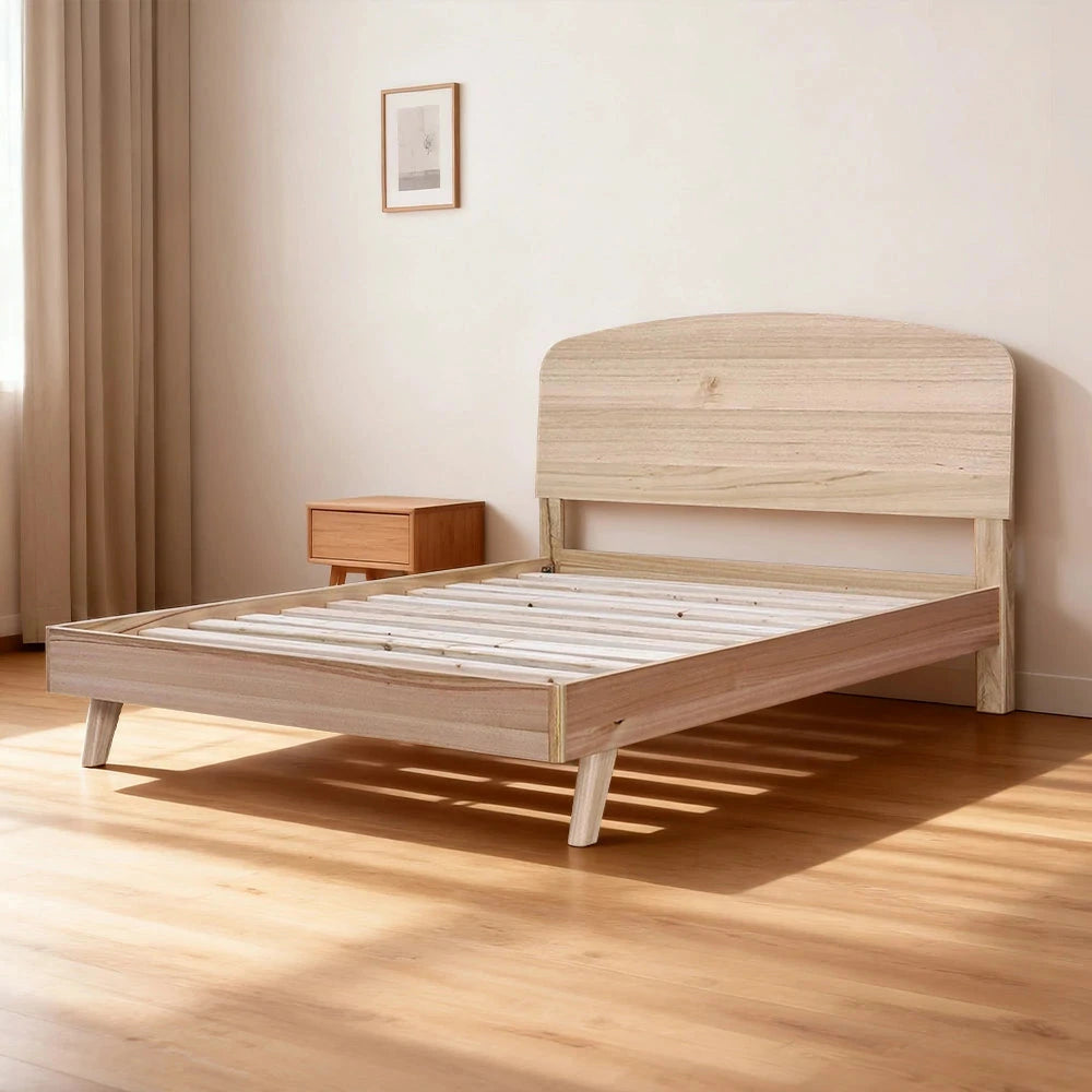 LIVARA 434 Queen & King Bed Frame, Tasmanian Oak Veneer, Curved Headboard, Solid Wood Legs, Minimalist Scandinavian Style, Natural Finish