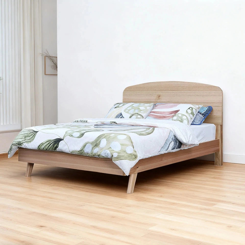 LIVARA 434 Queen & King Bed Frame, Tasmanian Oak Veneer, Curved Headboard, Solid Wood Legs, Minimalist Scandinavian Style, Natural Finish