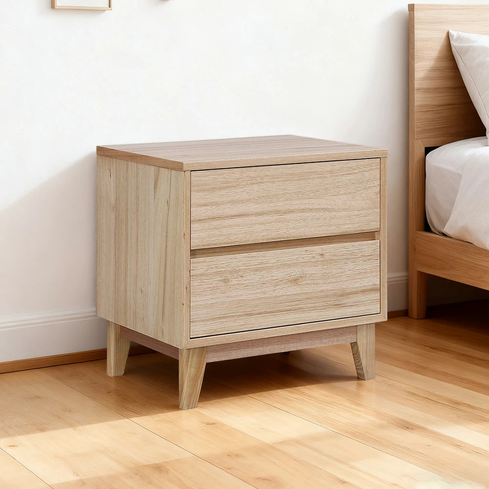 LIVARA 436 Bedside Table, Tasmanian Oak Veneer, Two Drawers, Solid Wood Legs, Minimalist Scandinavian Style, Natural Finish