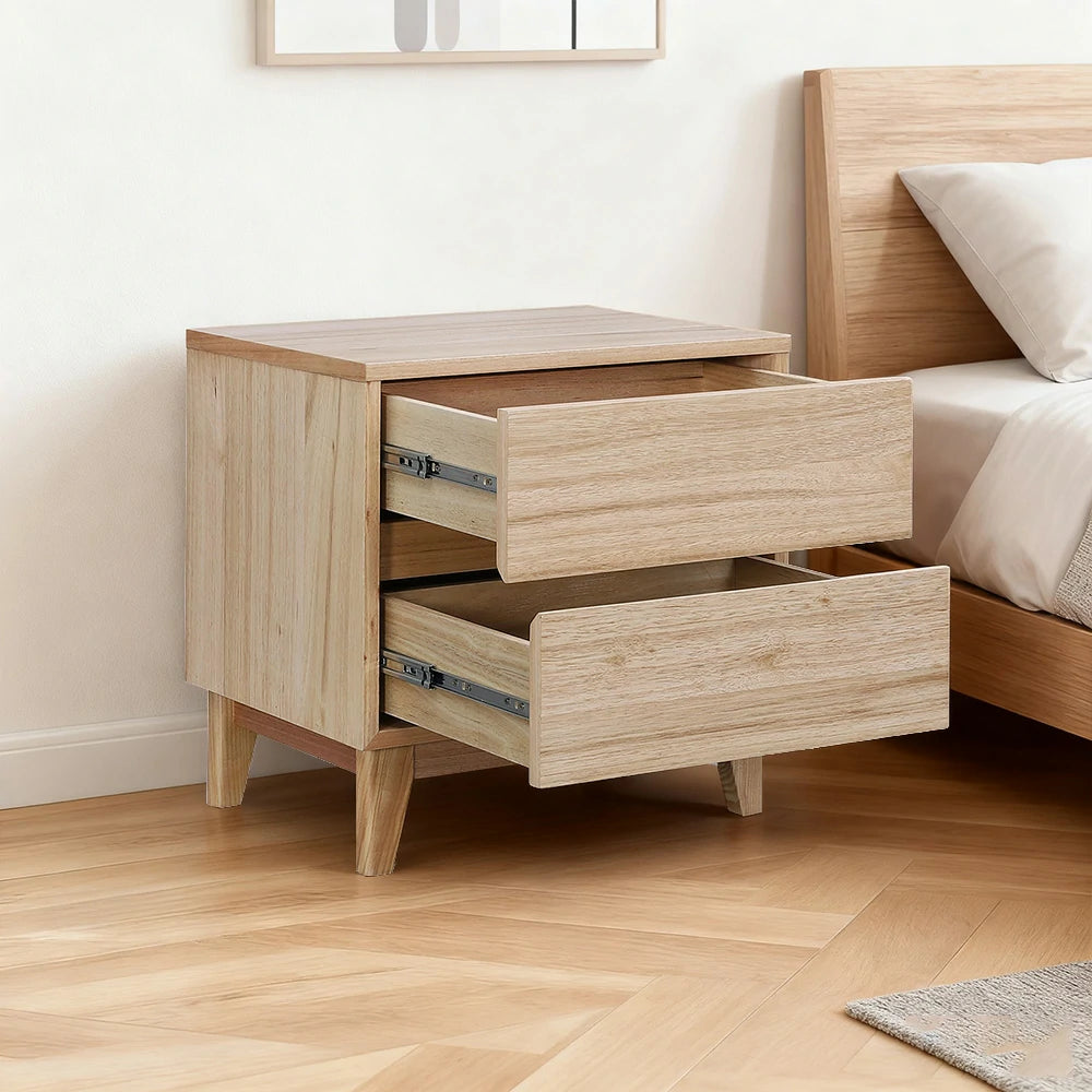 LIVARA 436 Bedside Table, Tasmanian Oak Veneer, Two Drawers, Solid Wood Legs, Minimalist Scandinavian Style, Natural Finish