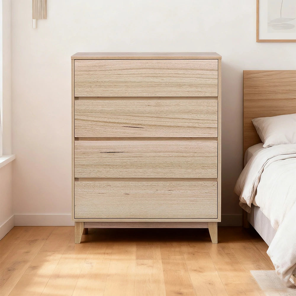 LIVARA 437 Tallboy Dresser, Tasmanian Oak Veneer, Four Drawers, Solid Wood Legs, Minimalist Scandinavian Style, Natural Finish